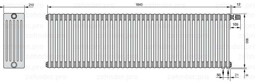 Схема (чертеж) Радиатор Zehnder Charleston 6090/40 №V002 Белый глянцевый RAL 9016